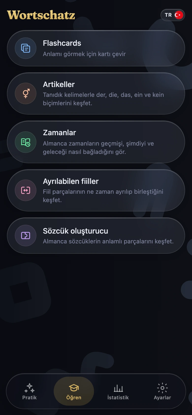 Öğren — Almanca dil bilgisi ve kelime kartları